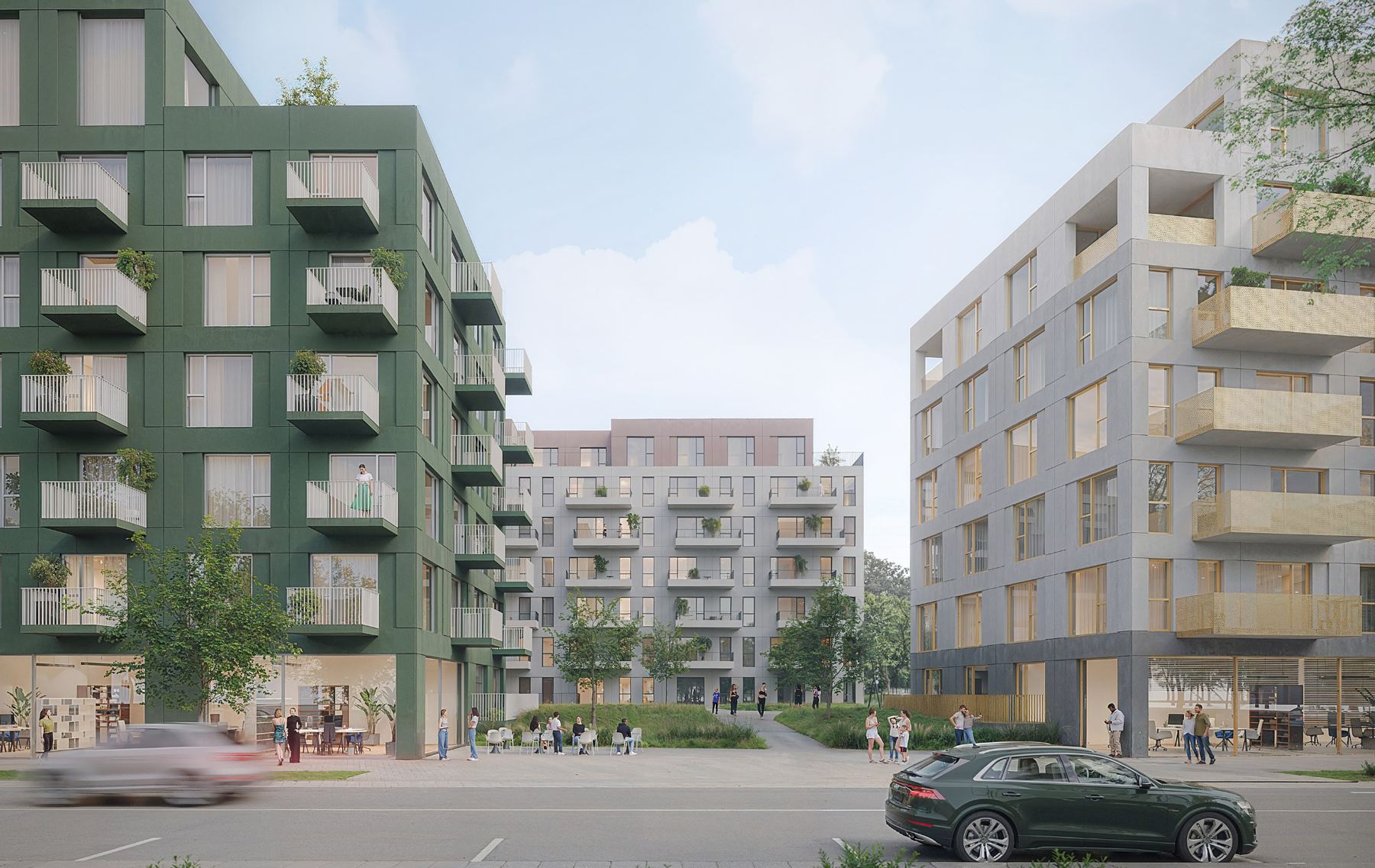 Street view of the first phase with ground-floor shops